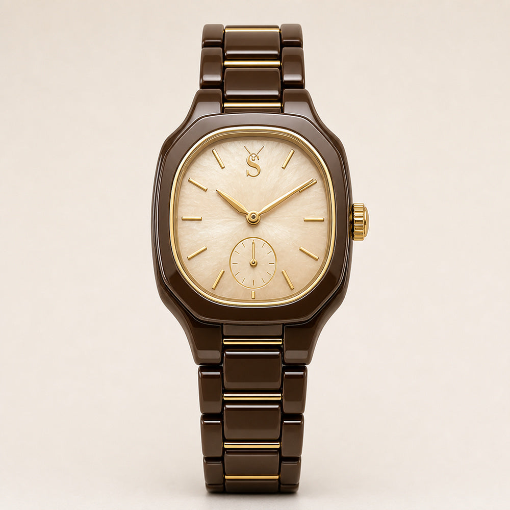 Brown wristwatch with gold accents on a beige background
