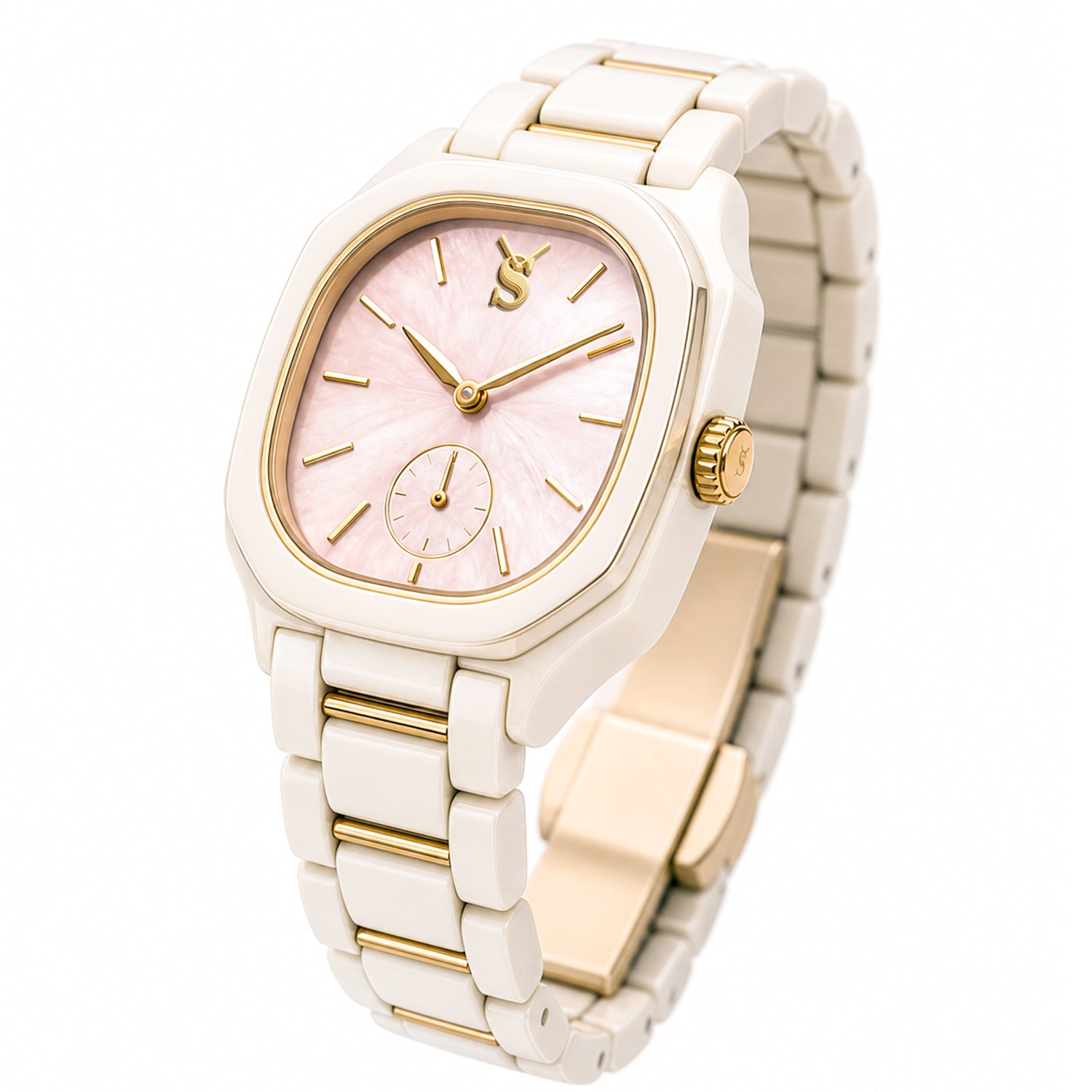 Watch with a gold and white strap on a white background