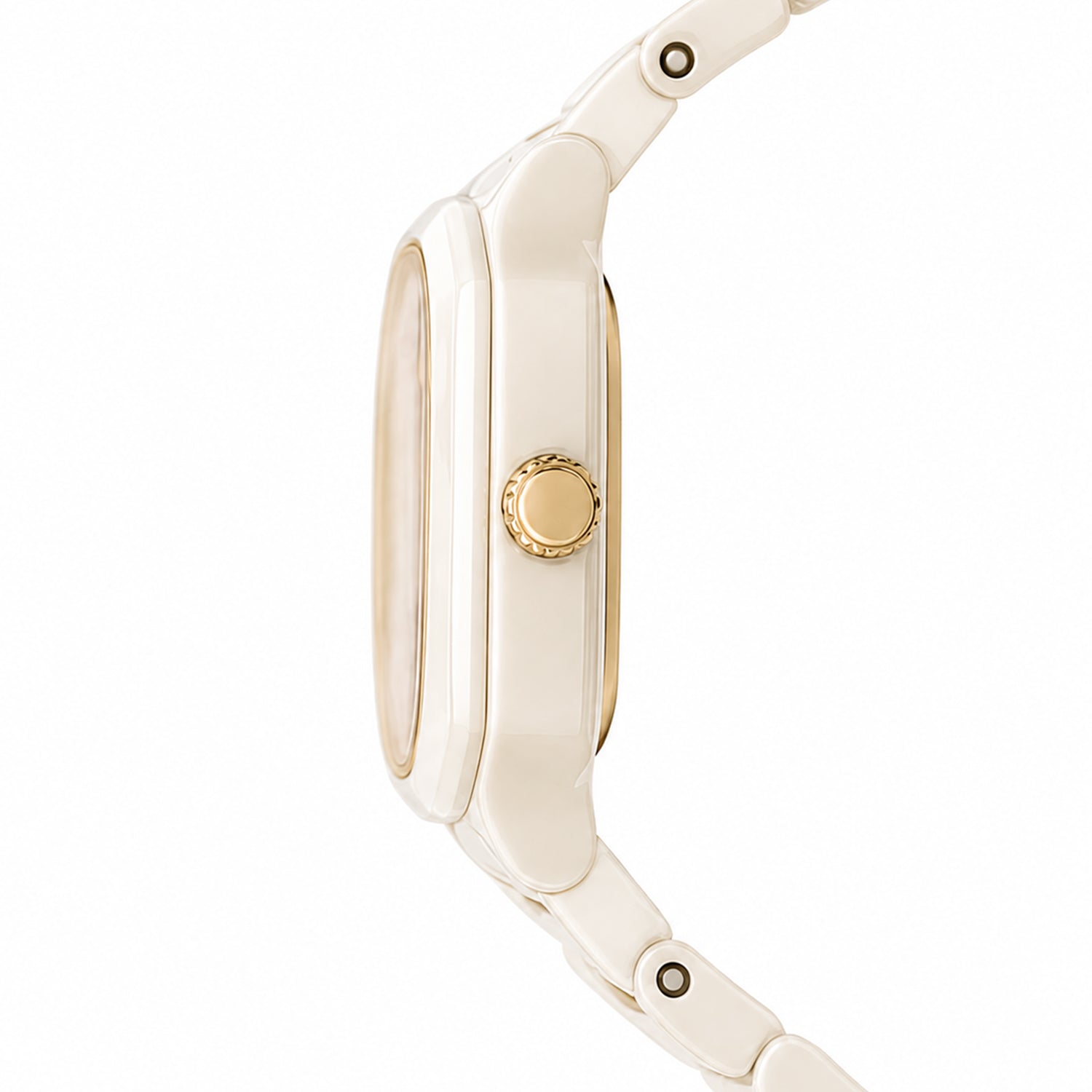 Gold watch with a white strap on a white background