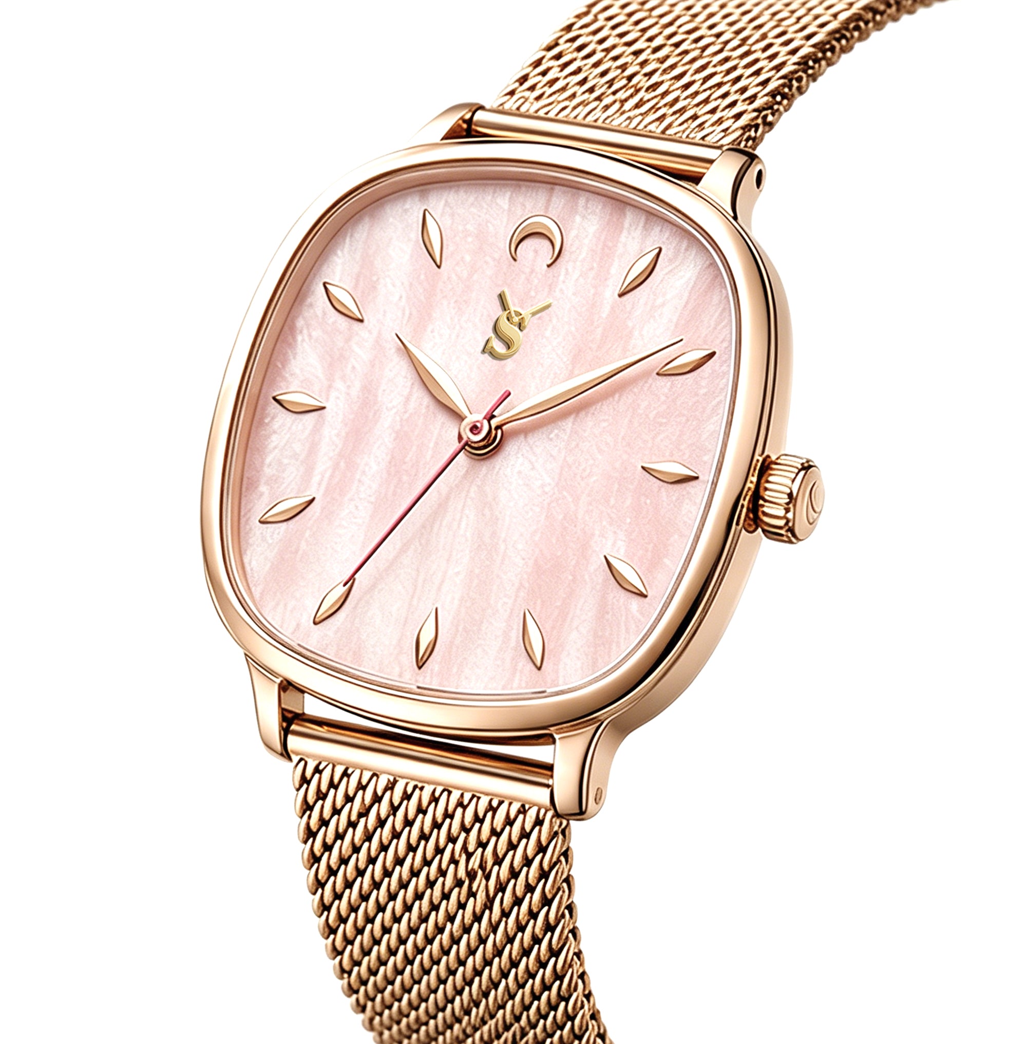 Rose gold watch with a pink face on a white background