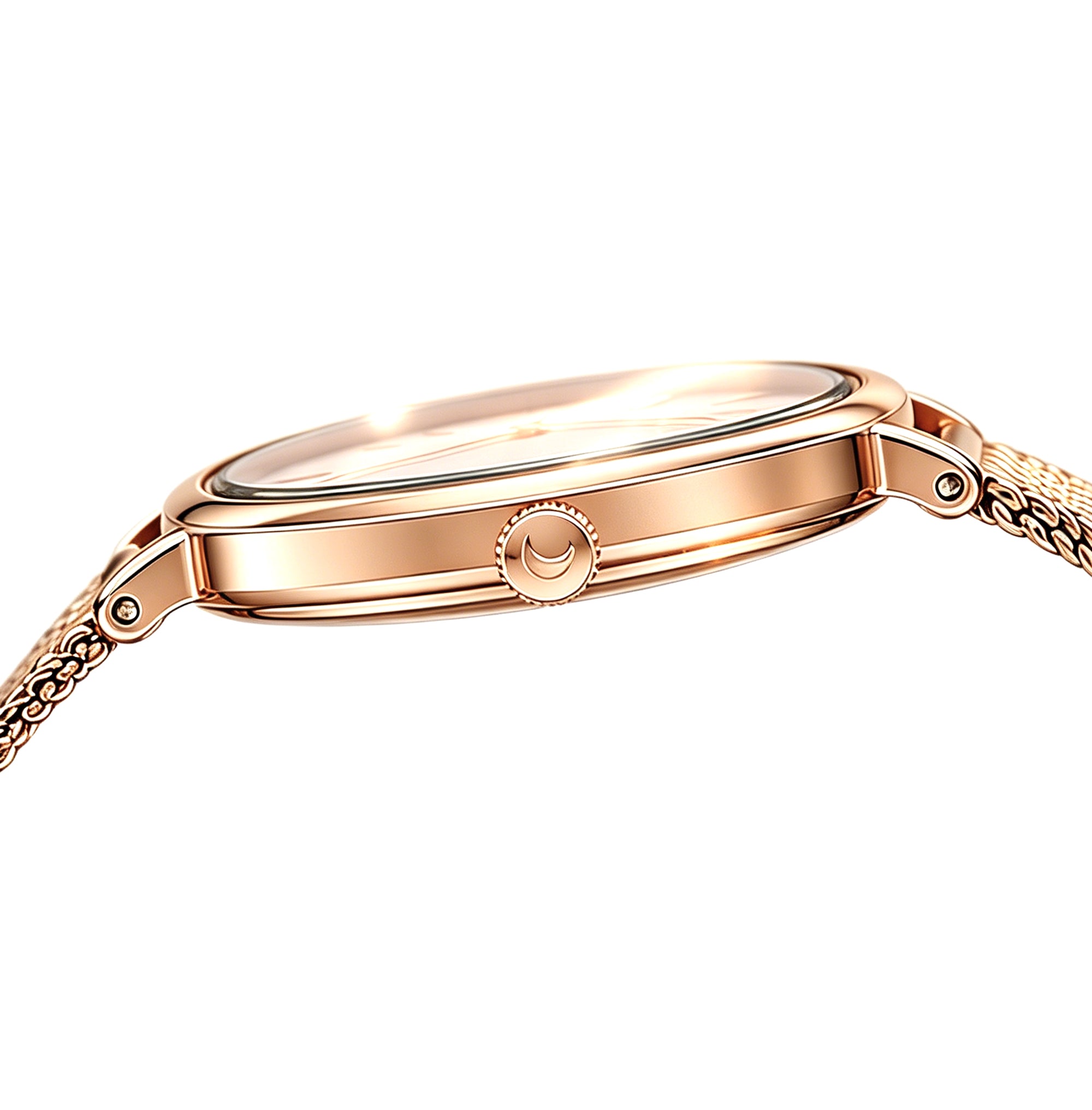 Rose gold watch with chain on a white background