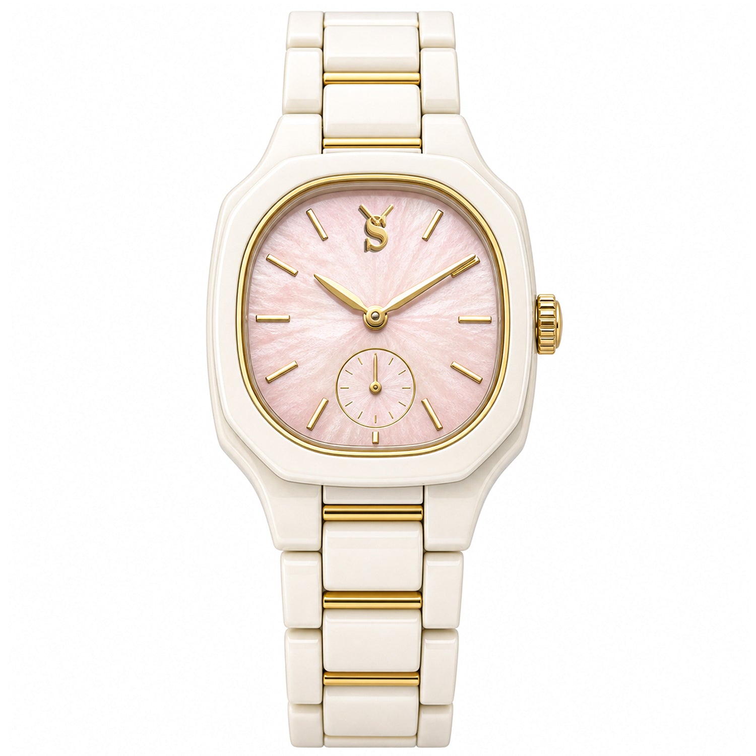 Watch with white and gold band and pink face on a white background