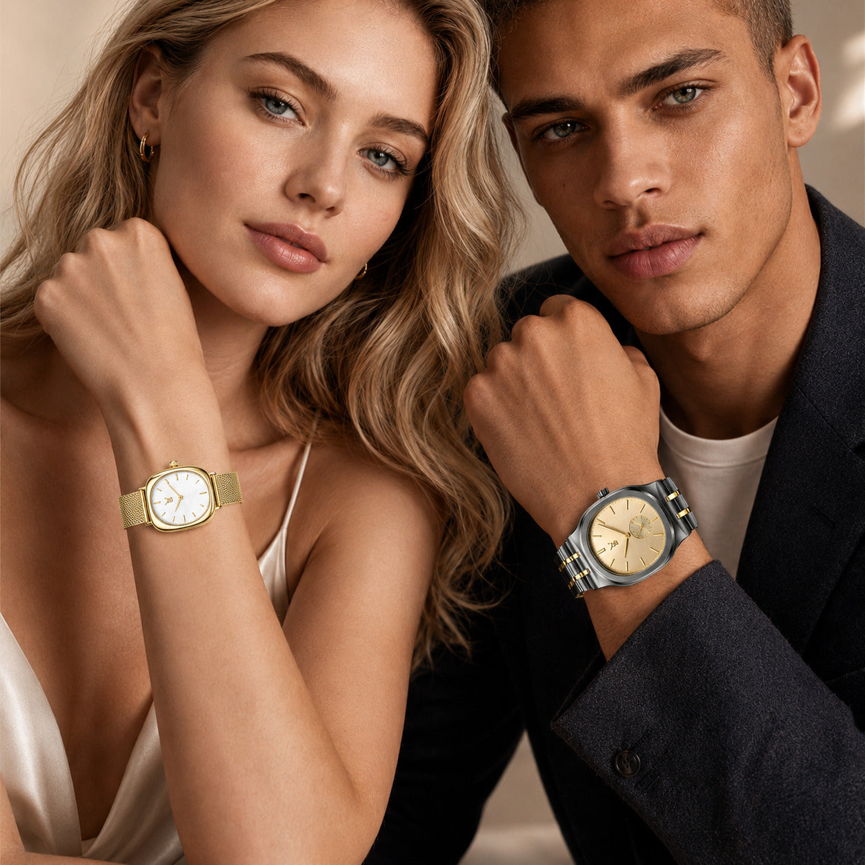 Savwatch his and hers matching watches on wrist. Men's casual luxury gunmetal watch with integrated bracelet paired with women's elegant gold mesh oval watch. Premium couple gift set