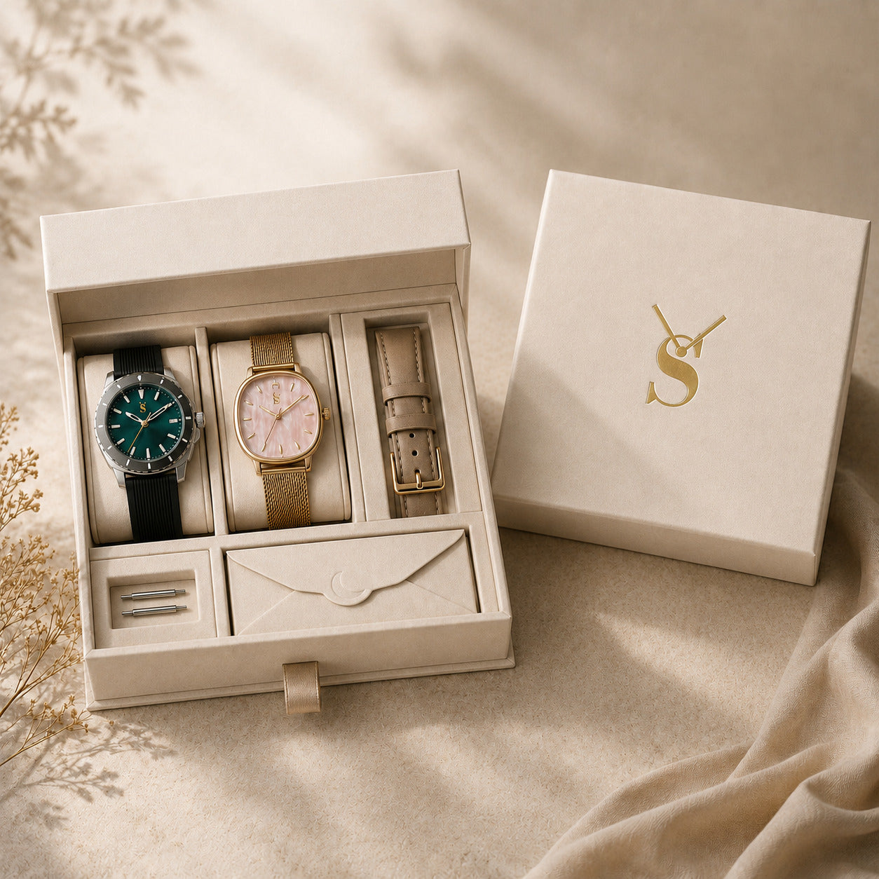 Savwatch ultimate couple watch gift box set. Featuring a men's green dial watch with a black rubber strap, a women's vintage oval gold mesh watch with a pink dial, an extra beige leather interchangeable strap, and accessories in a premium presentation box