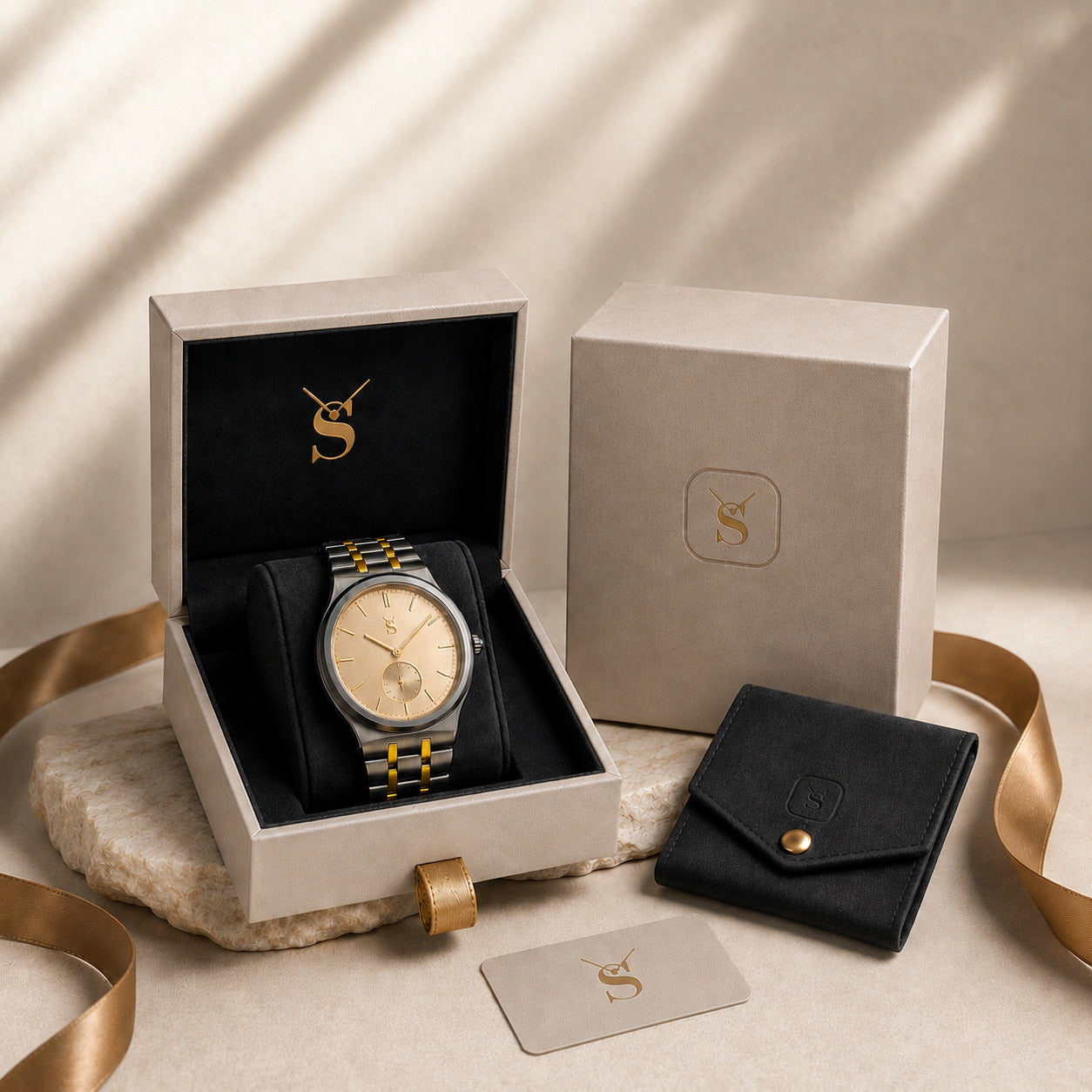 Gift for him premium watch box set. Featuring a casual luxury men's gunmetal and gold two-tone watch with an integrated bracelet, packaged in an elegant beige presentation box with a suede pouch