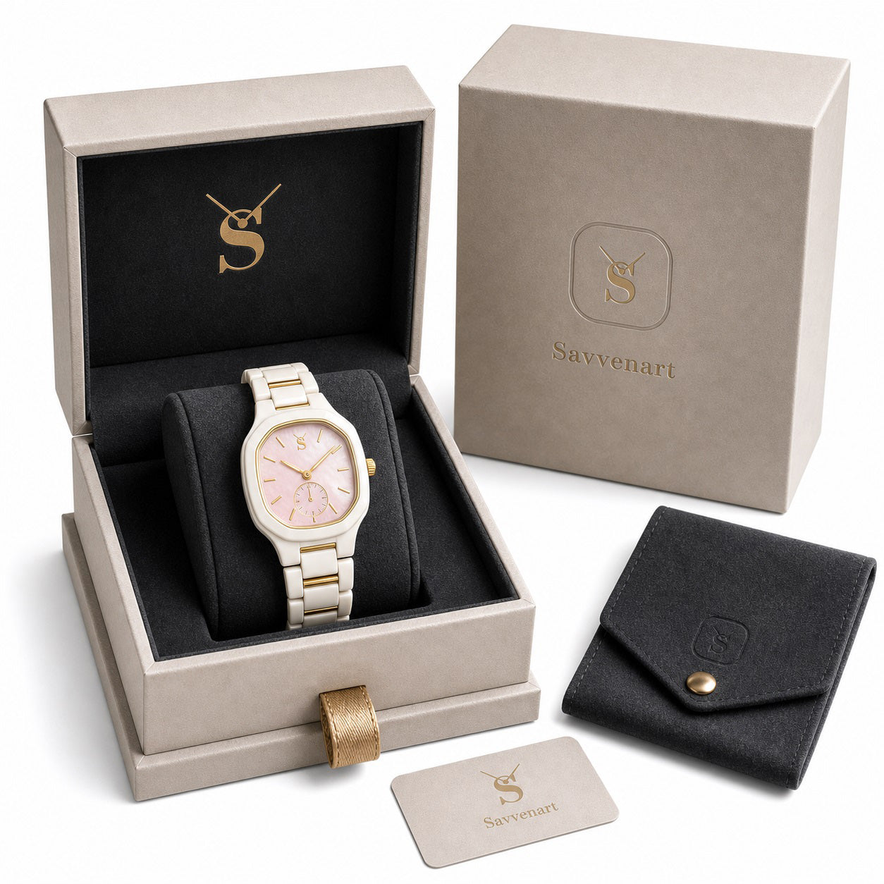 Watch in a branded box with a matching wallet and card on a white background