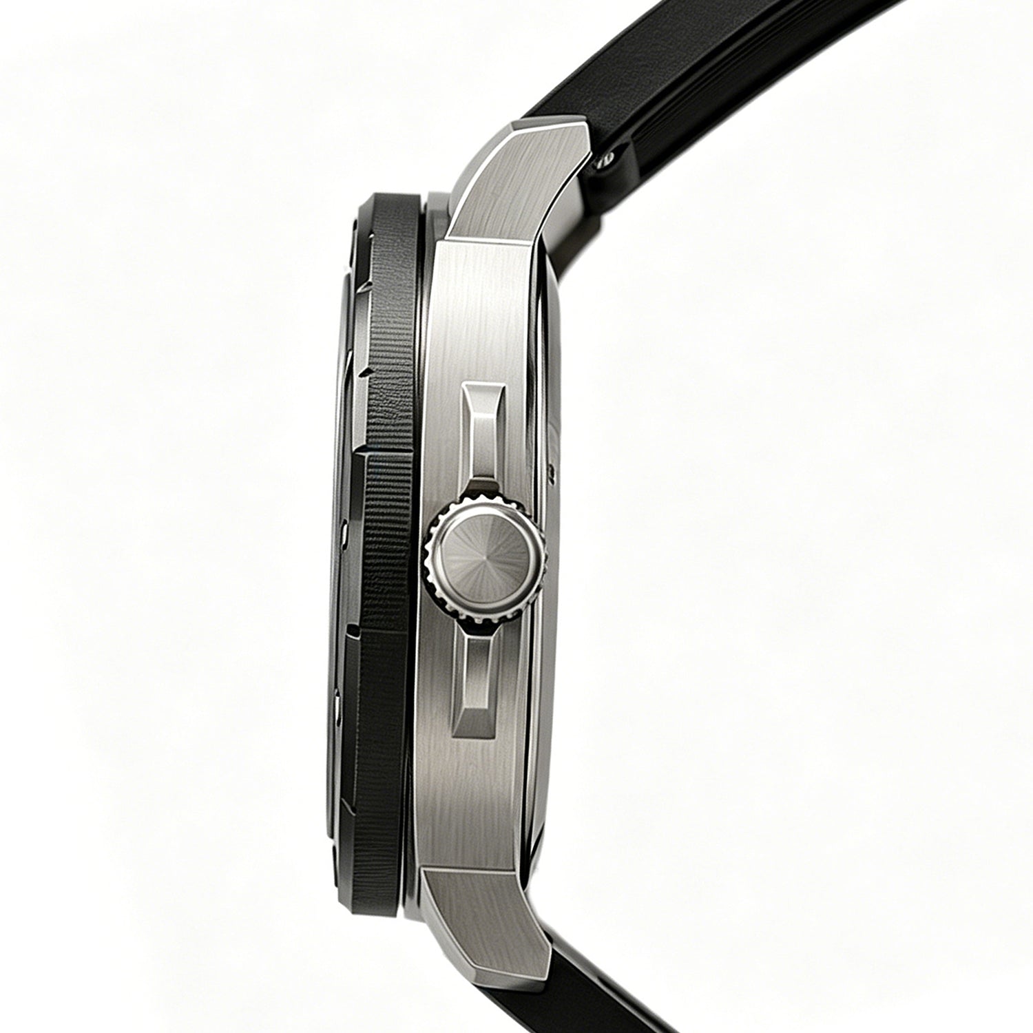 Close-up of a silver watch with a black strap on a white background