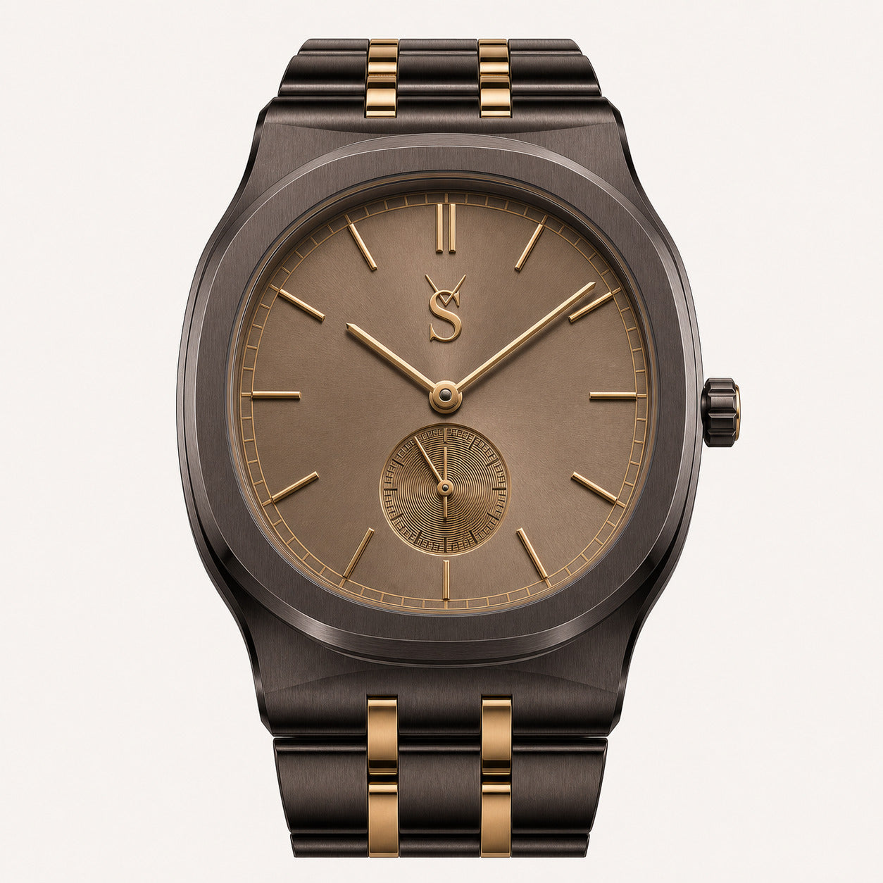 Brown watch with gold accents on a white background