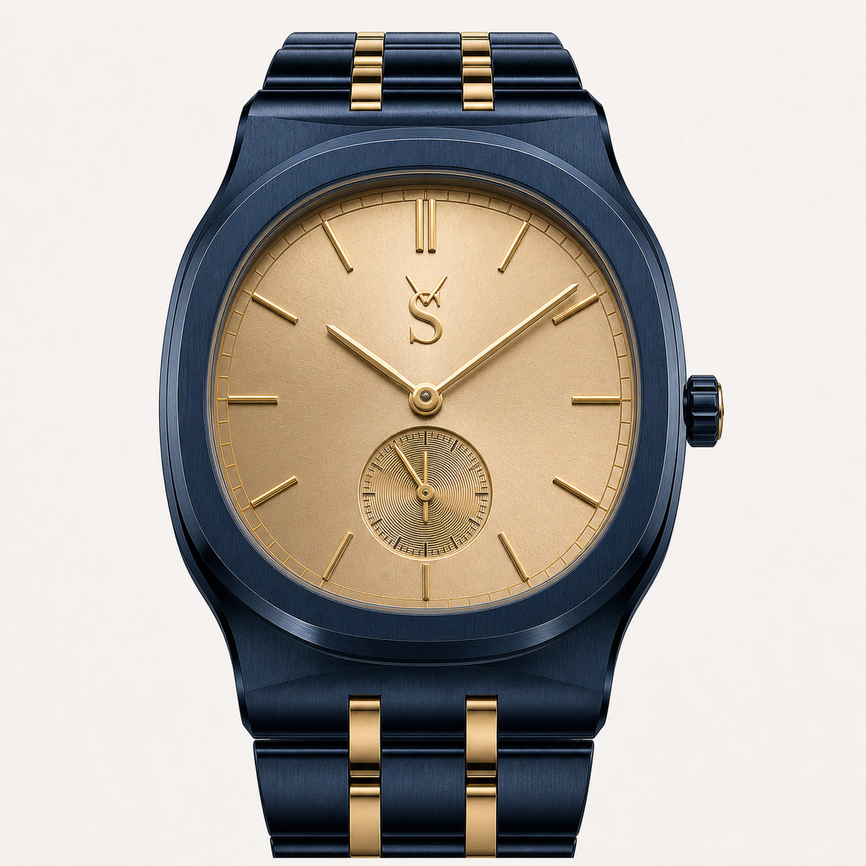 Luxury watch with blue and gold design on a light gray background