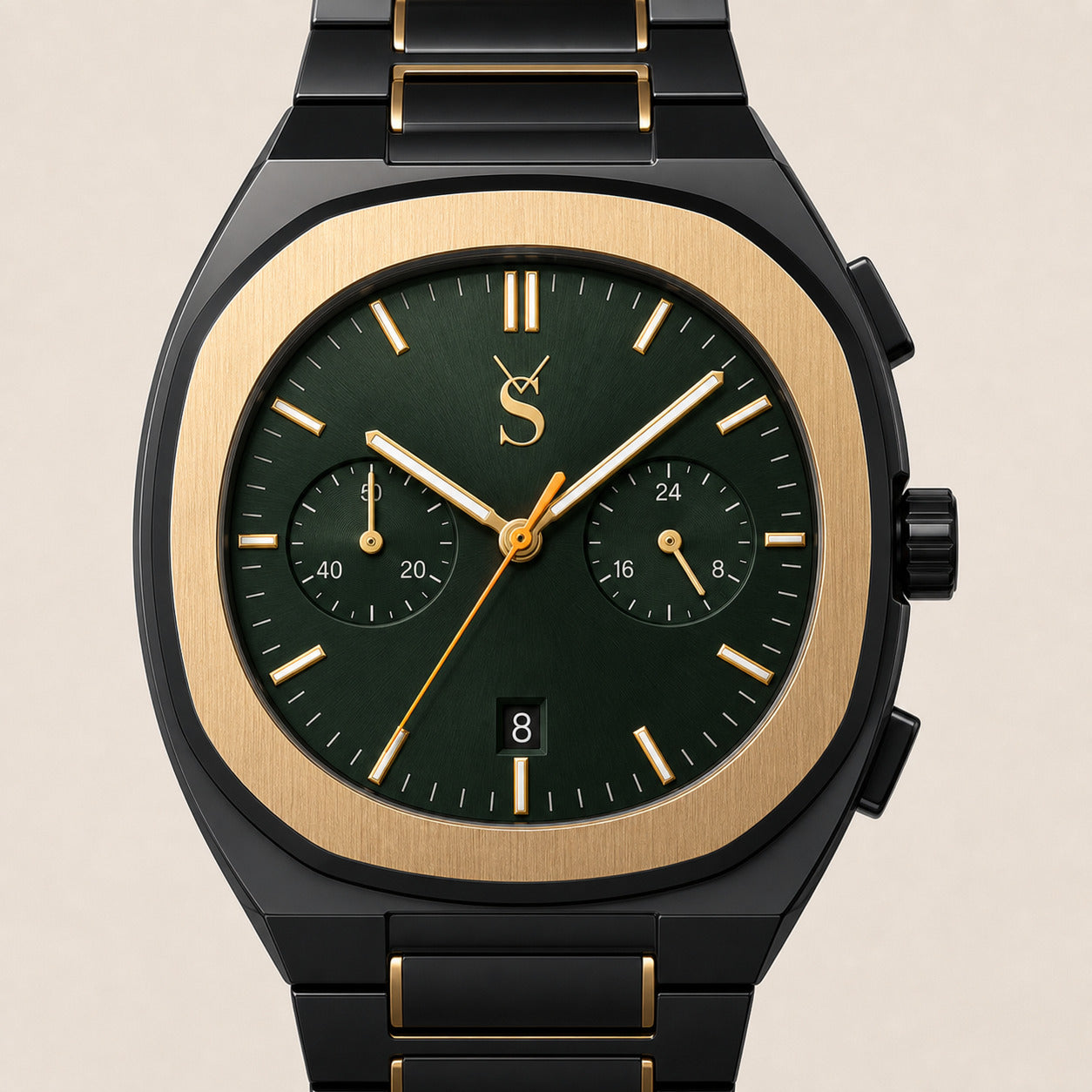 Luxury watch with black and gold design on a beige background