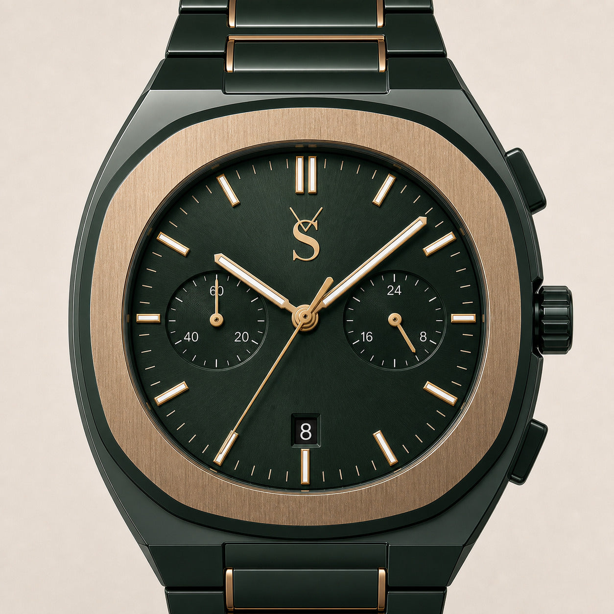 Luxury watch with black and gold design on a beige background