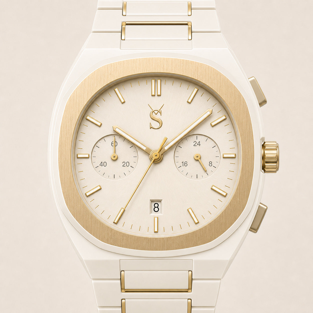 Luxury watch with gold and white design on a beige background