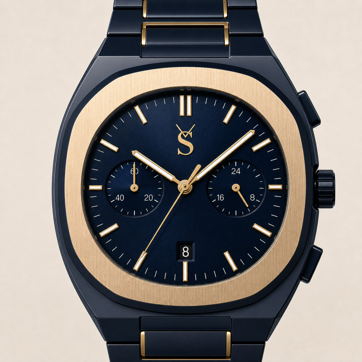 Luxury watch with blue and gold design on a beige background