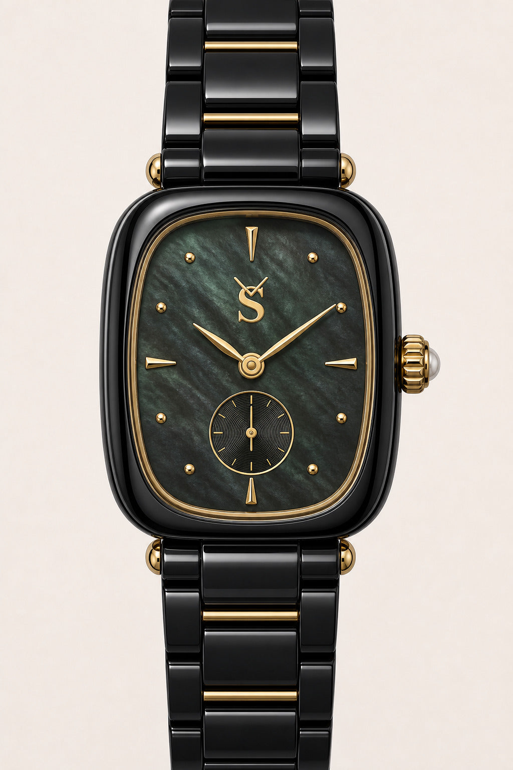 Black and gold watch with a detailed face on a beige background