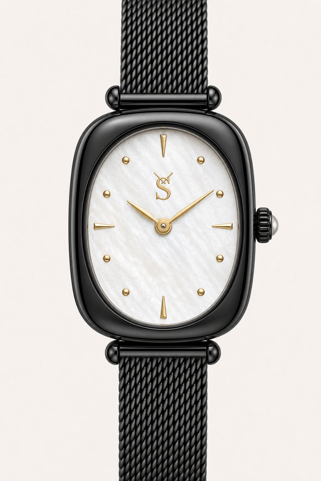 Black watch with a white face and gold accents on a beige background
