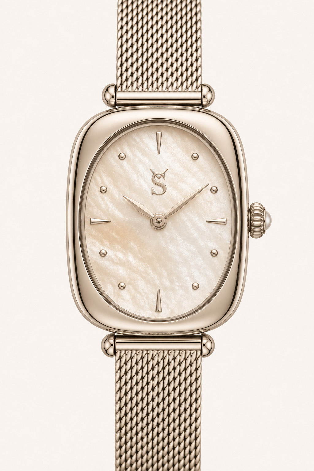 Rose gold watch with mesh band on a white background