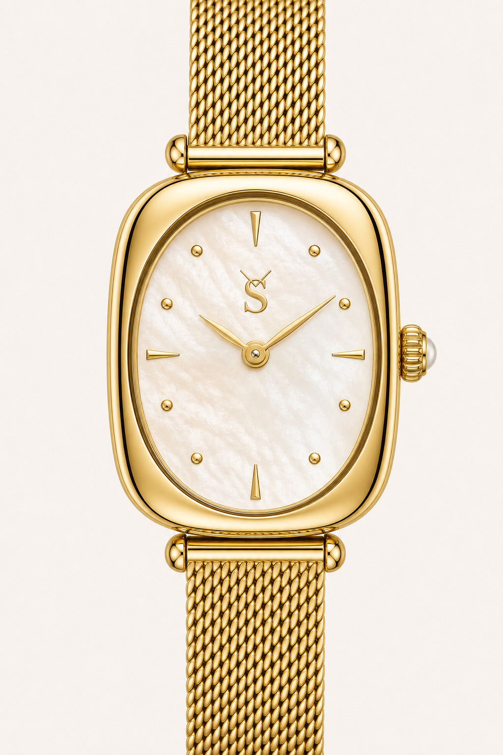 Gold watch with a mesh band on a white background
