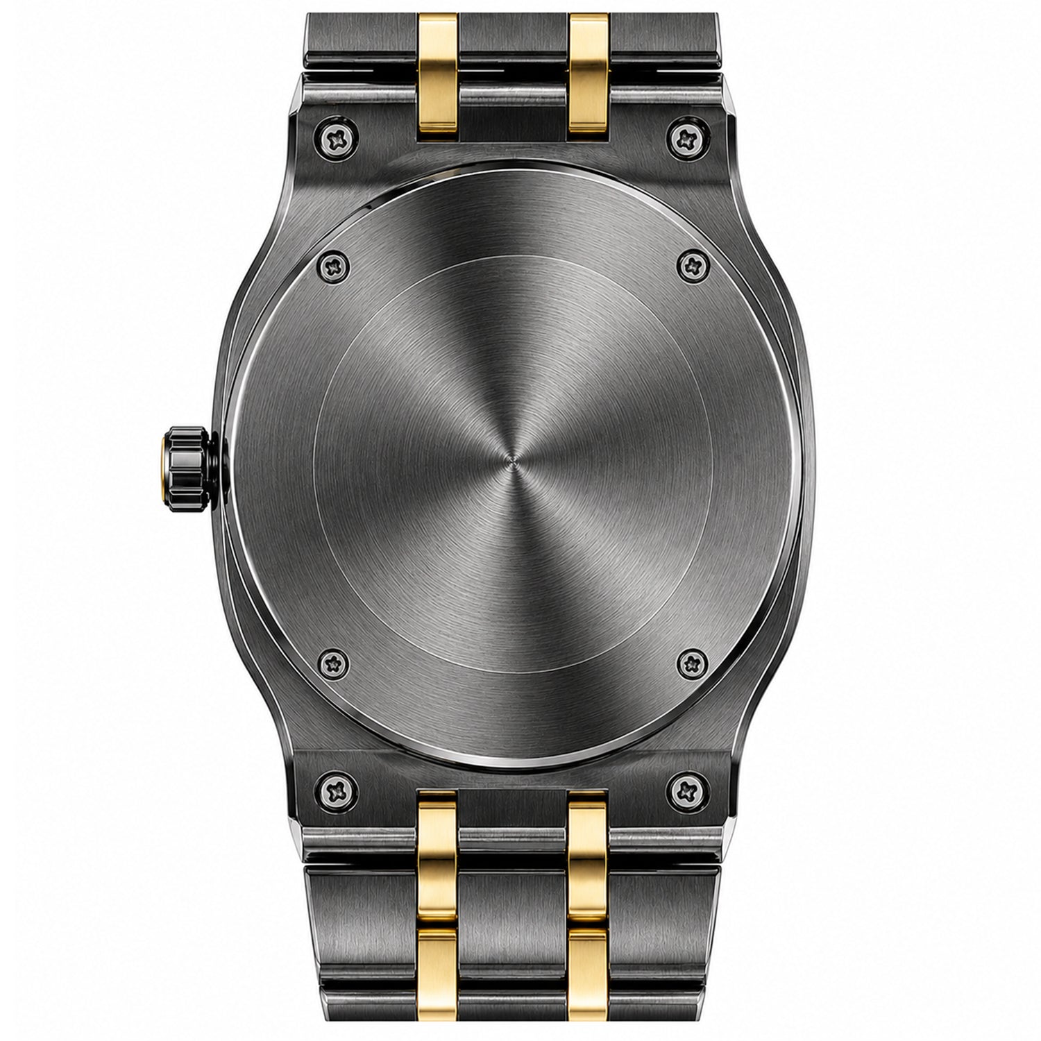Back view of the savwatch men's two-tone luxury watch, featuring a screw-down brushed metal caseback and the black and gold bracelet connections