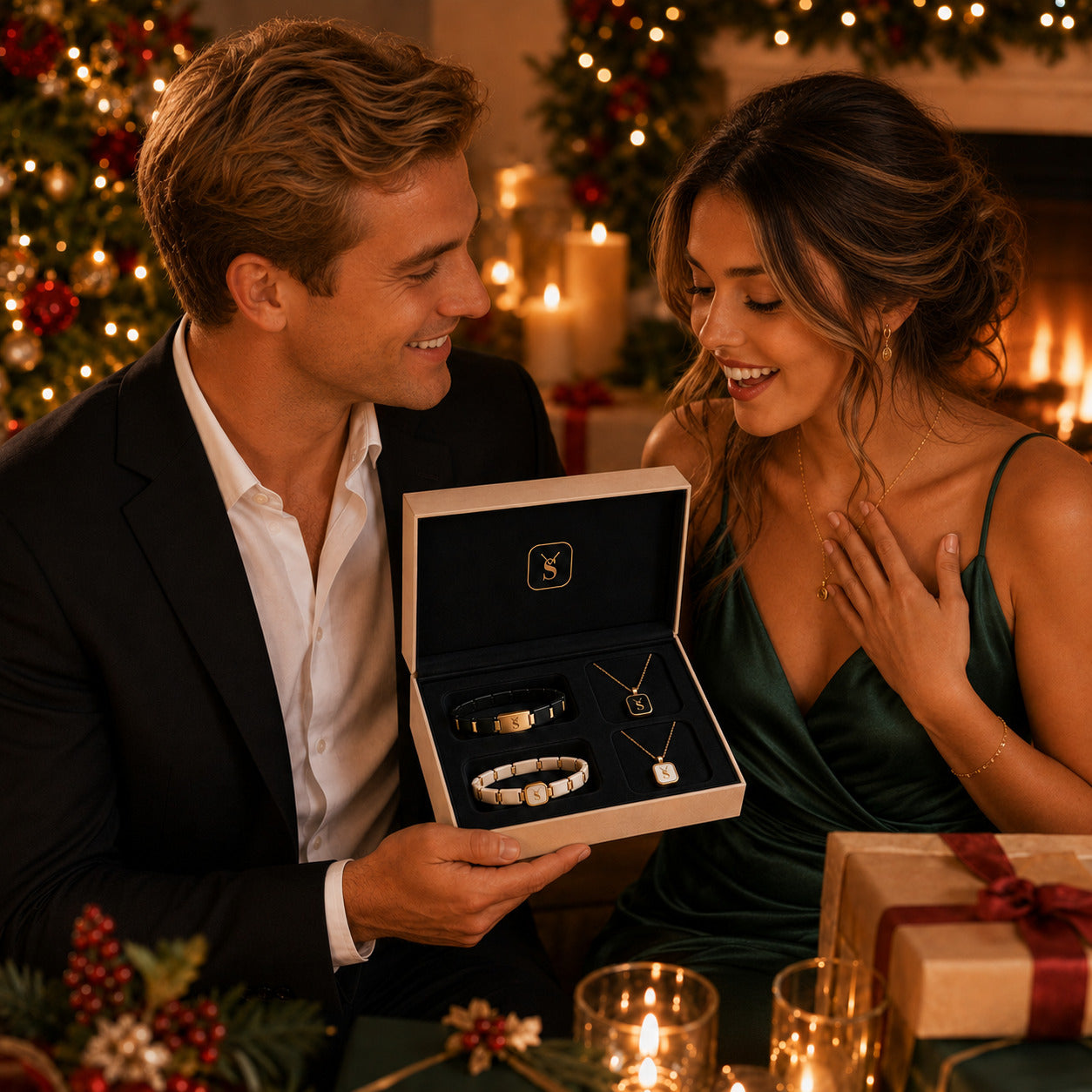 Romantic couple celebrating Christmas by the fireplace, unboxing the Savwatch premium couple jewelry gift set. The luxury holiday box features his and hers matching black and white enamel bracelets and pendant necklaces
