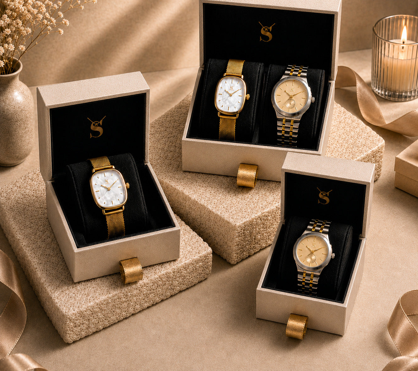 The Savwatch premium watch gift collection. Featuring individual luxury gift boxes for a women's gold mesh watch and a men's two-tone watch, alongside the ultimate his and hers matching couple watch set