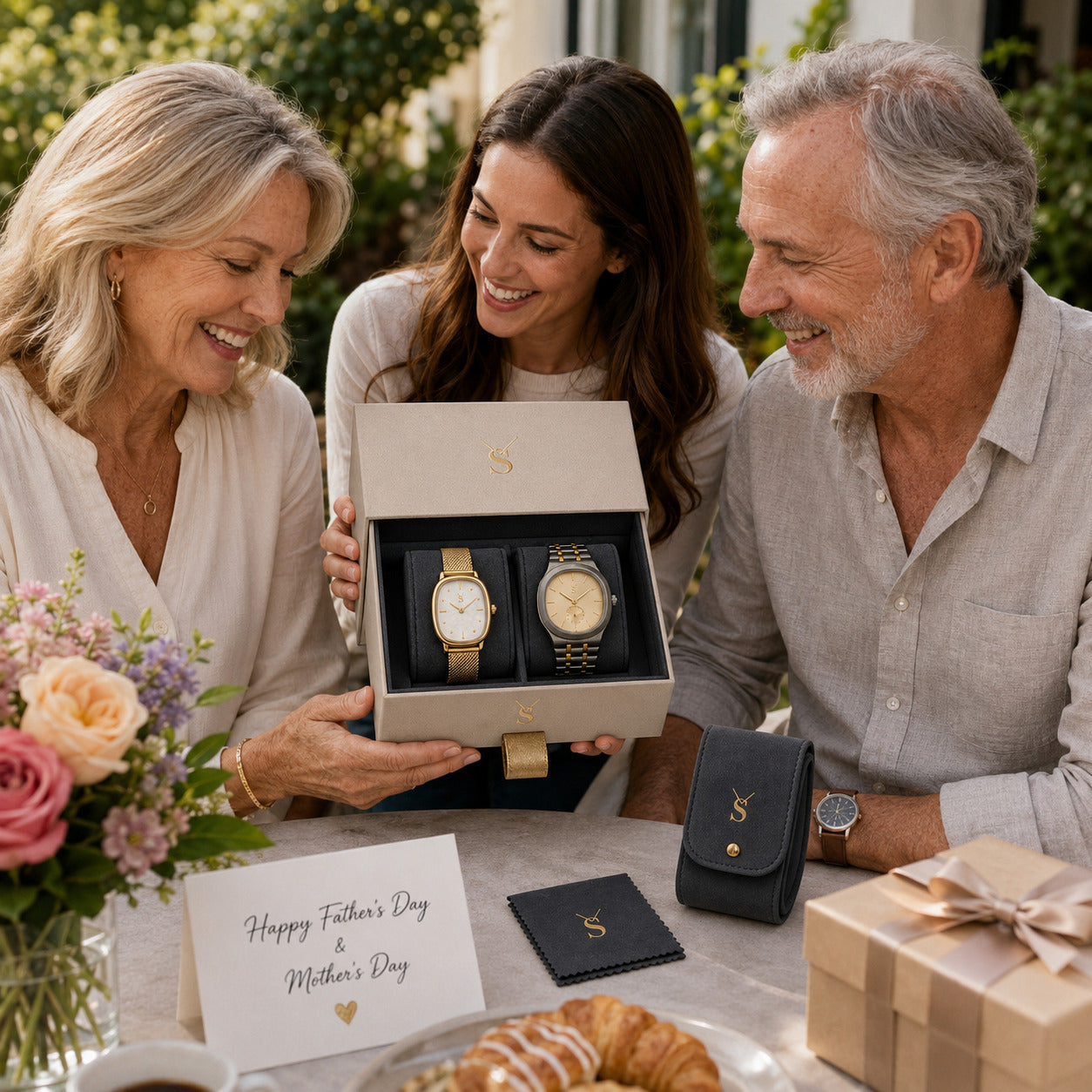 Adult daughter gifting her parents the Savwatch couple watch gift set for Mother's and Father's Day. The premium luxury box features a men's gunmetal watch and a women's gold mesh watch