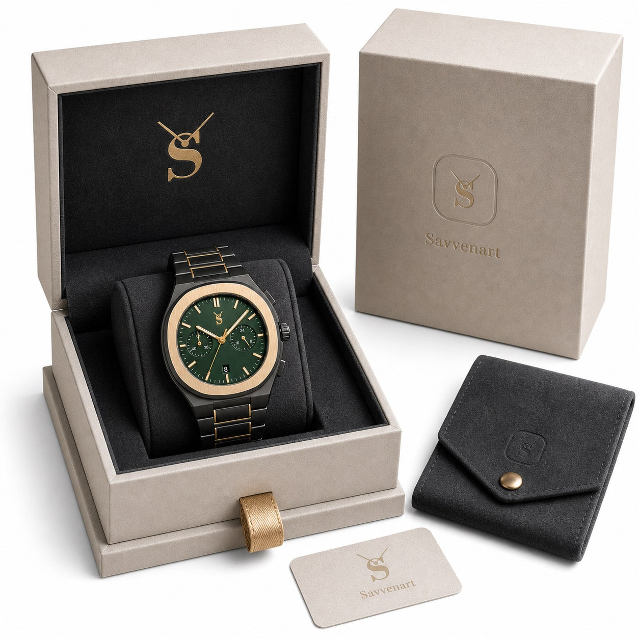 Luxury watch with green face and gold accents in a branded box, accompanied by a black leather pouch and card