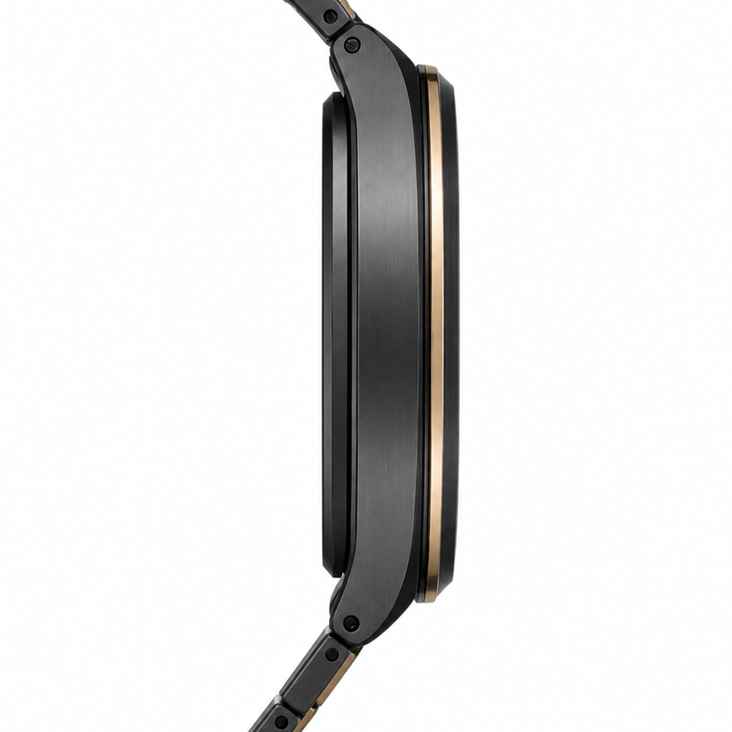 Close-up of a black and gold watch on a white background