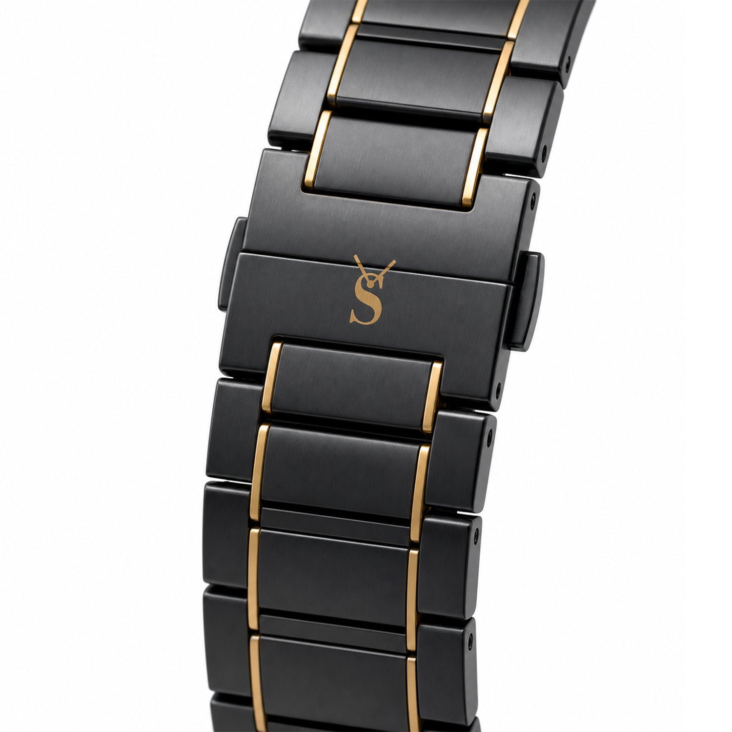 Black and gold watch strap with a brand logo on a white background