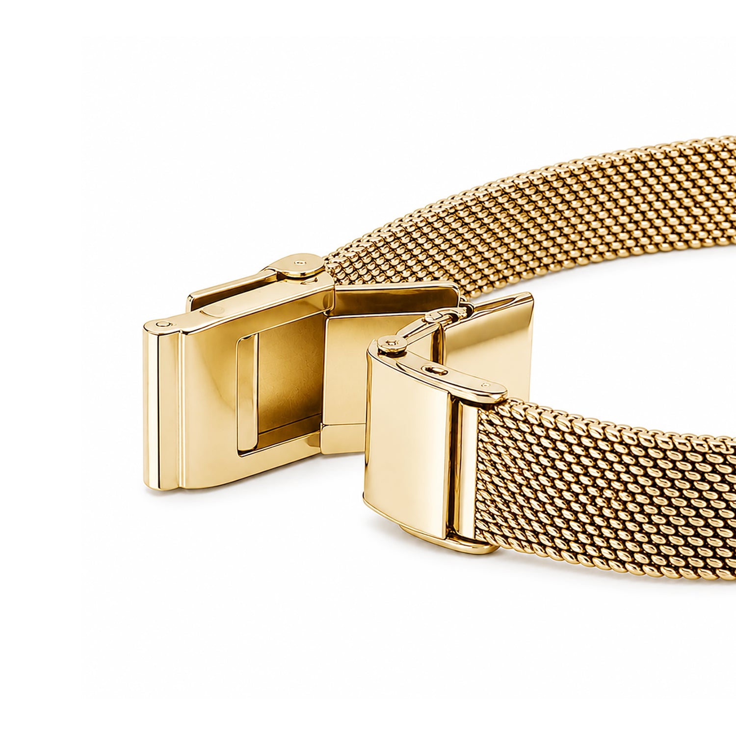 A detailed close-up showing the deployment clasp and adjustable buckle mechanism of the Savwatch gold stainless steel mesh watch band