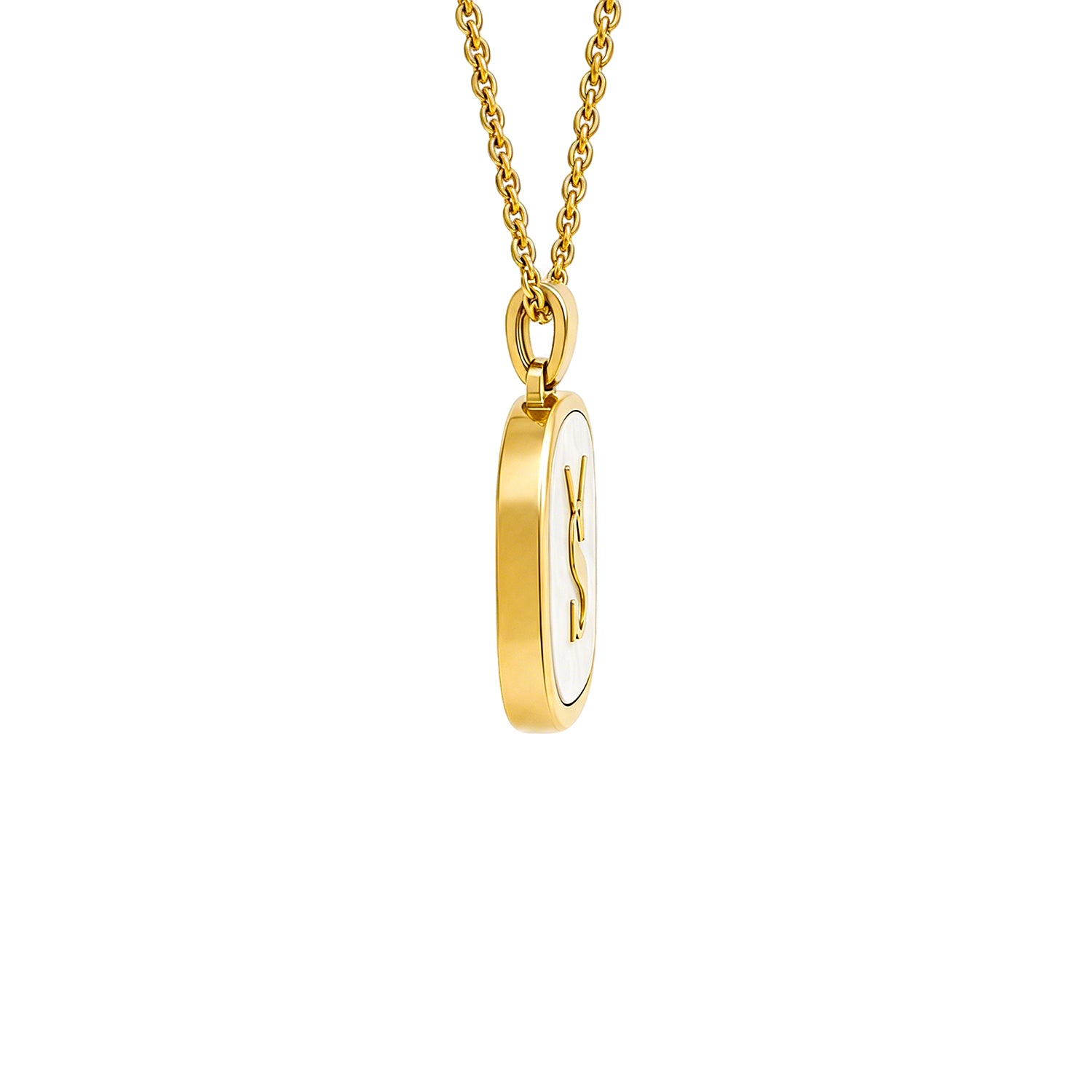 Side profile view of the Savwatch mother of pearl and gold pendant, showcasing the high-quality craftsmanship of this meaningful birthday gift