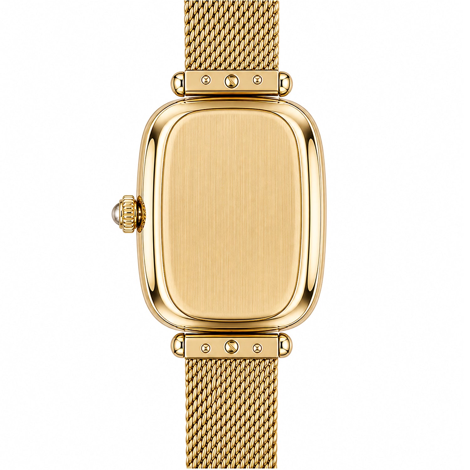 Savwatch gold-tone rectangular watch case back with a brushed and polished finish, featuring blank space for custom engraving, on a gold mesh band