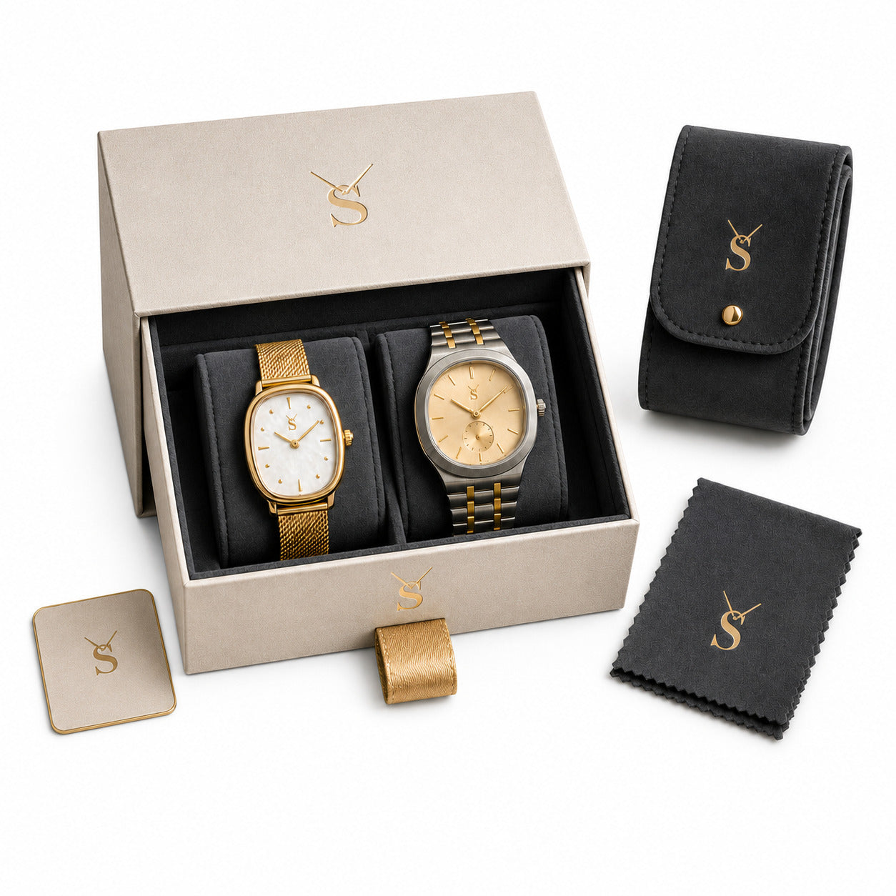 Savwatch premium couple gift box set featuring a casual gunmetal and gold men's watch with an integrated bracelet and an elegant gold women's watch