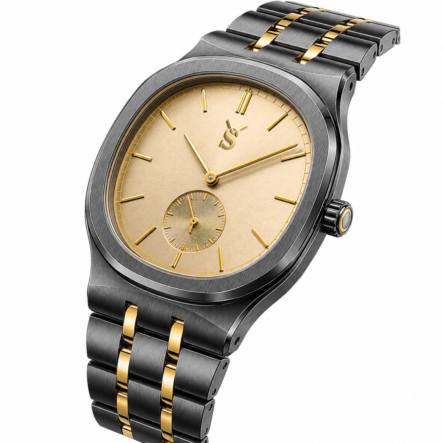 Front angle view of the savwatch men's two-tone luxury watch, featuring a brushed gold dial, a sub-second dial at 6 o'clock, and a black and gold bracelet