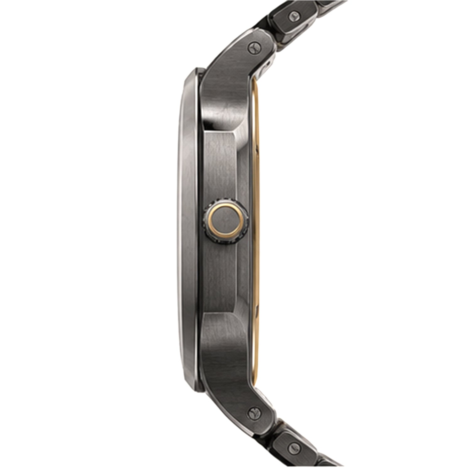 Right side view of the savwatch men's two-tone luxury watch, showcasing the dark grey slim brushed case and a detailed crown with a gold ring accent