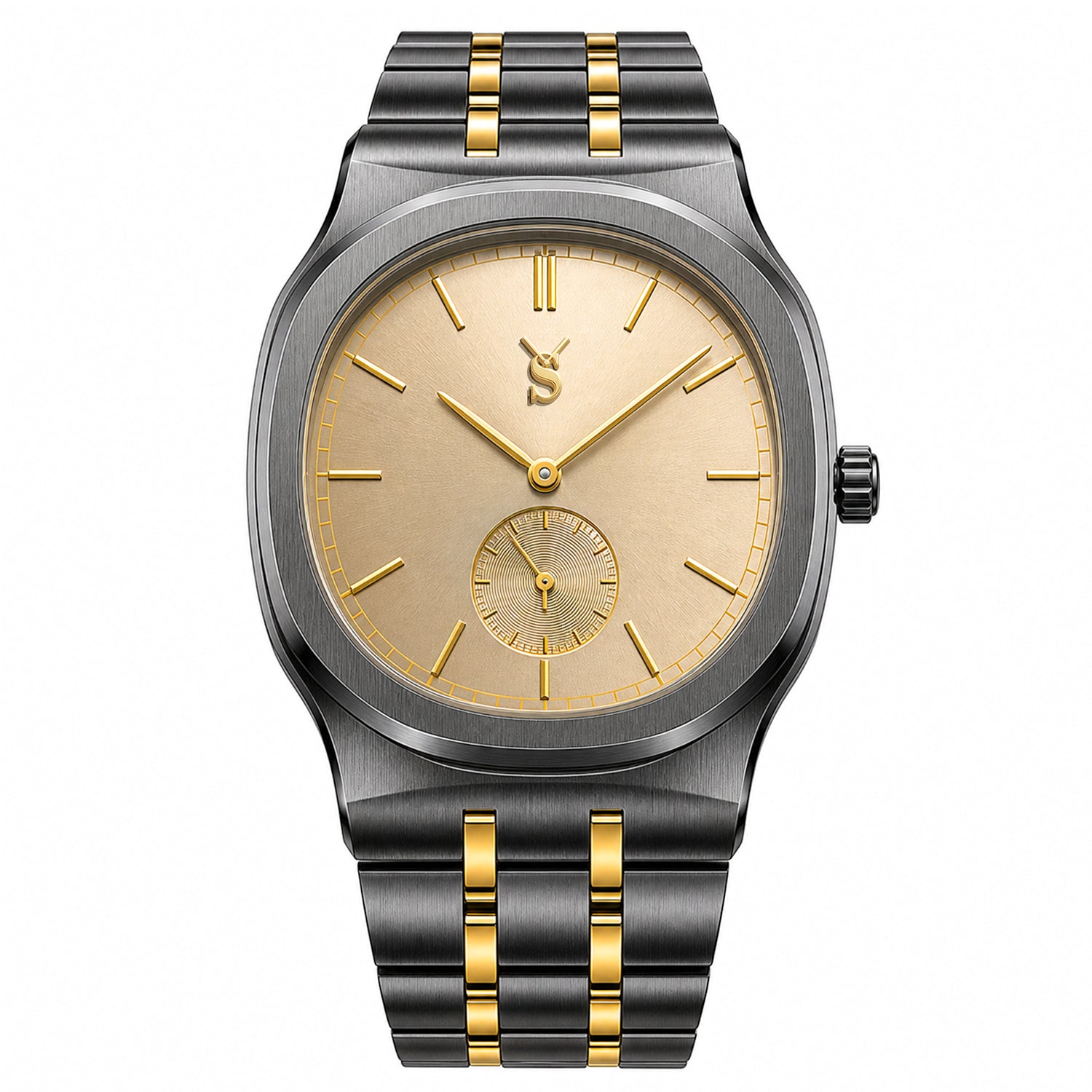 Front view of Savwatch men's two-tone luxury watch featuring a champagne gold dial and gunmetal integrated bracelet