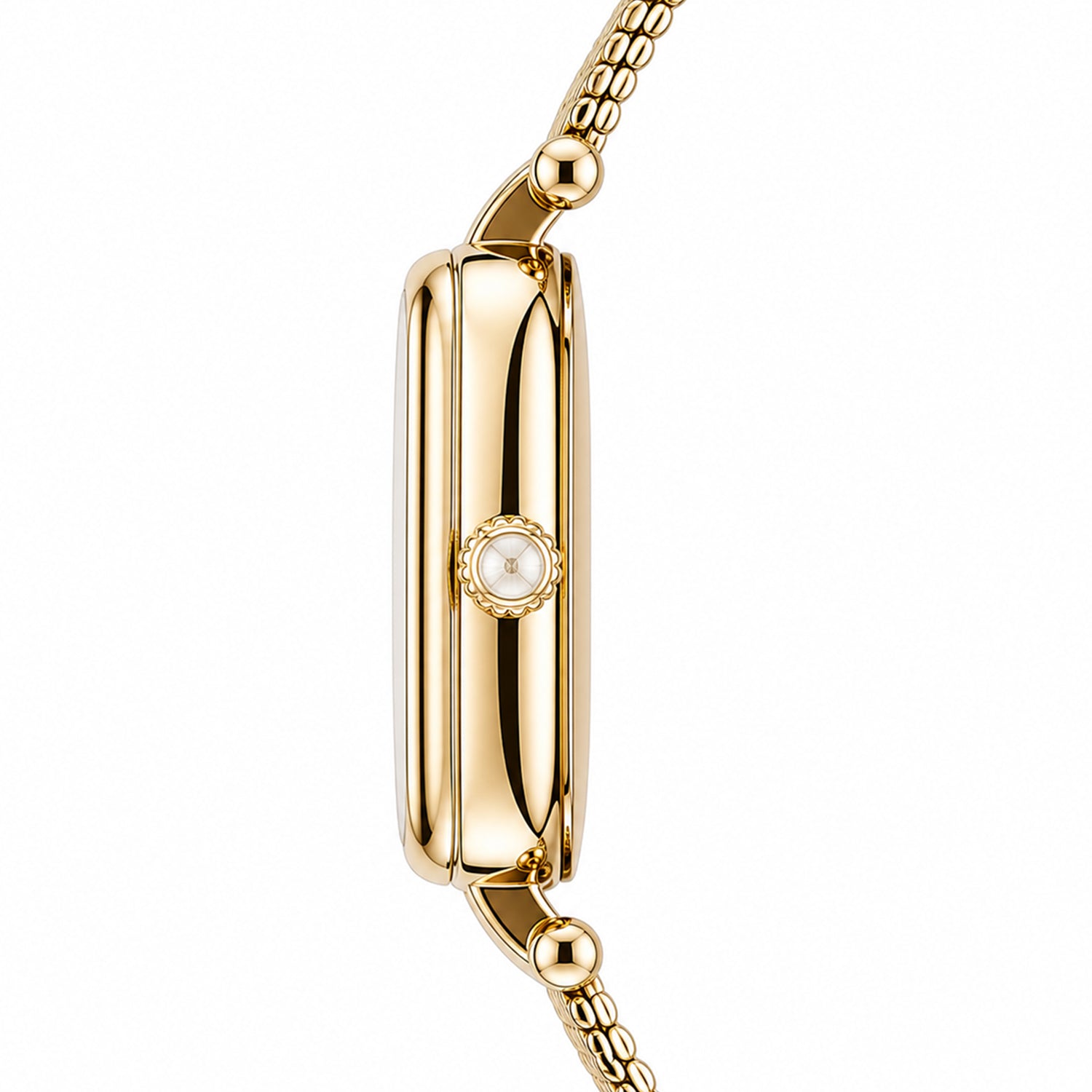 A left side profile view of the Savwatch rectangular gold watch case, showing the polished finish, smooth thickness, and lug connectors to the mesh band