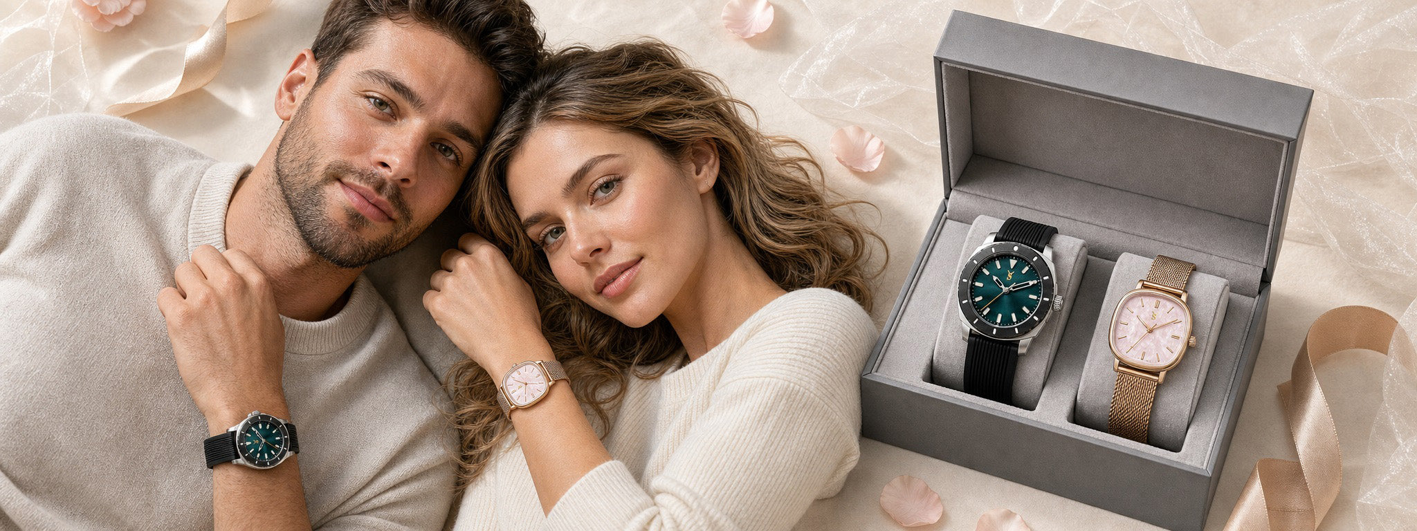 Savwatch luxury romantic couple lifestyle PC banner featuring a man and woman wearing matching green dial and pink pearl dial watches next to a gray velvet gift box