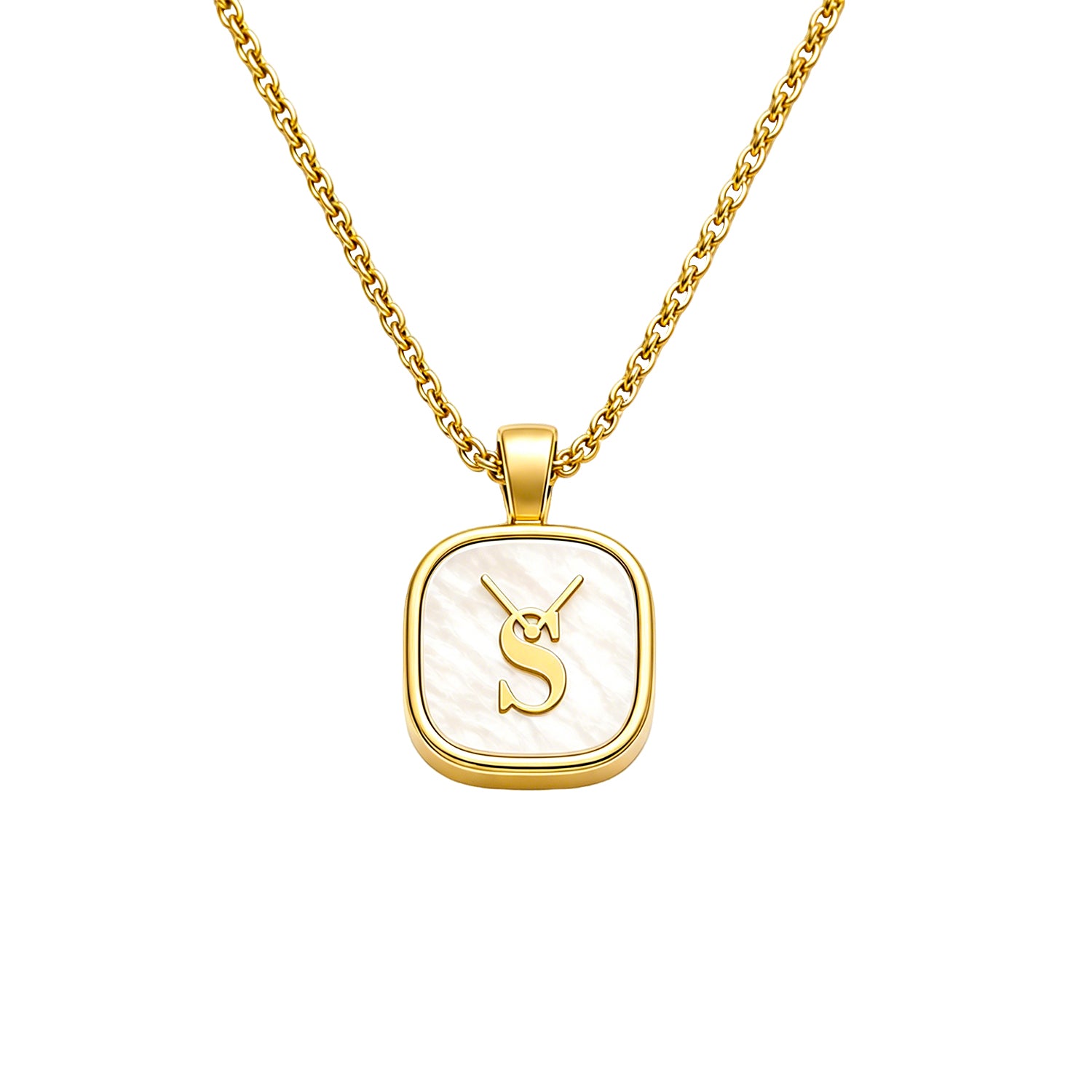 Macro view highlighting the iridescent mother of pearl texture and the gold interlocking S logo on the Savwatch signature gift pendant