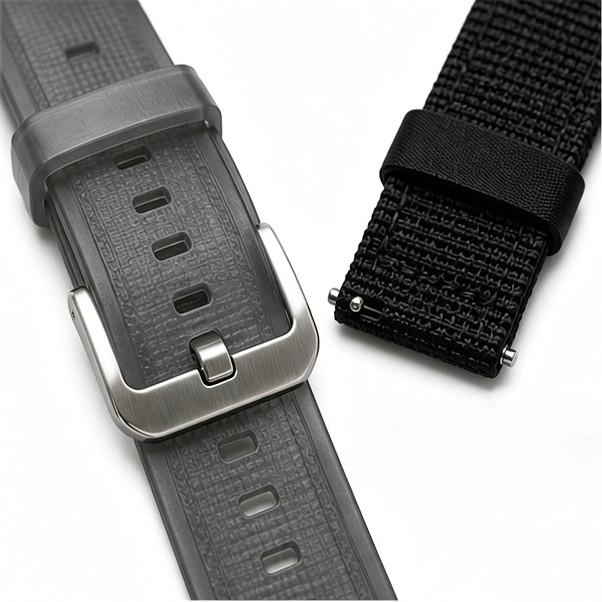 Two watch straps, one gray and one black, on a white background