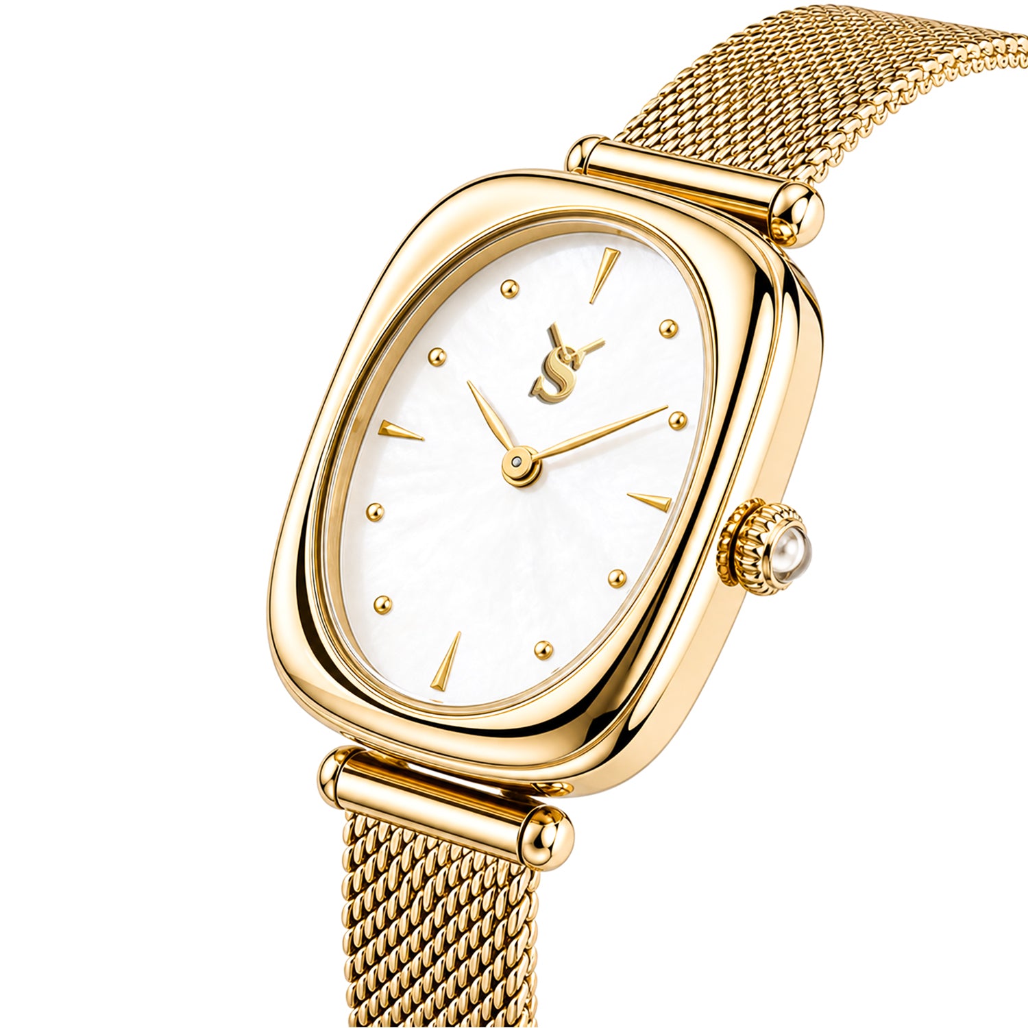 An angled front view of a Savwatch women's gold-tone wristwatch, featuring a white mother-of-pearl dial, gold hands, gold markers, and a detailed pearl crown
