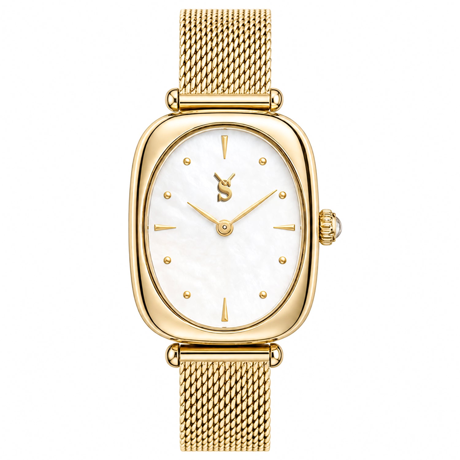 Front view of Savwatch women's elegant gold watch featuring a shimmering mother of pearl dial and a luxurious gold mesh bracelet.
