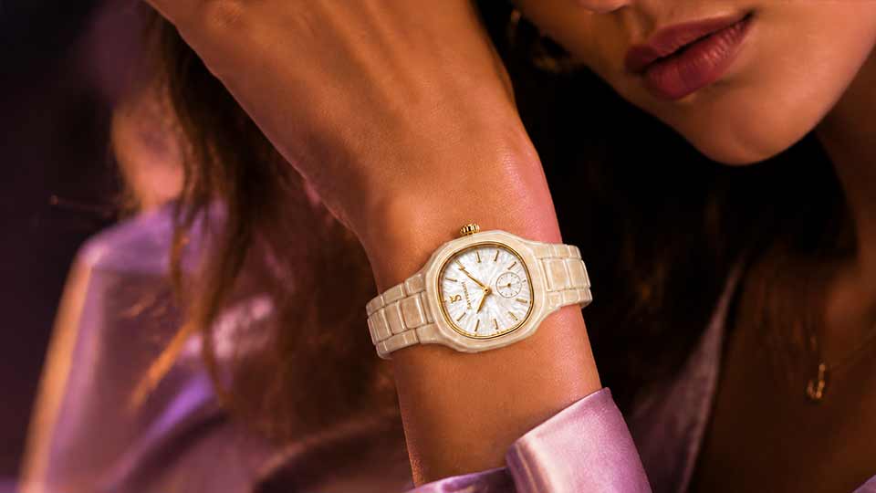 Aurora Edge jewelry watch on wrist