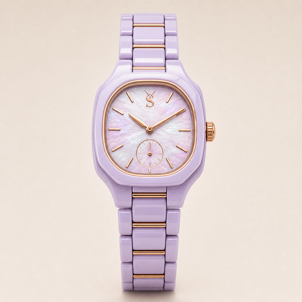 Lavender watch with rose gold accents on a beige background