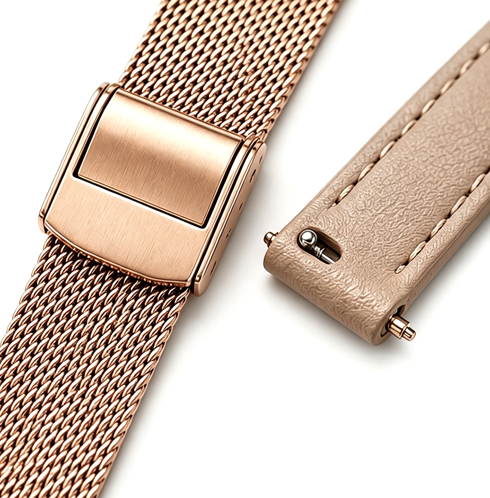 Rose gold watch strap and beige leather strap on a white background