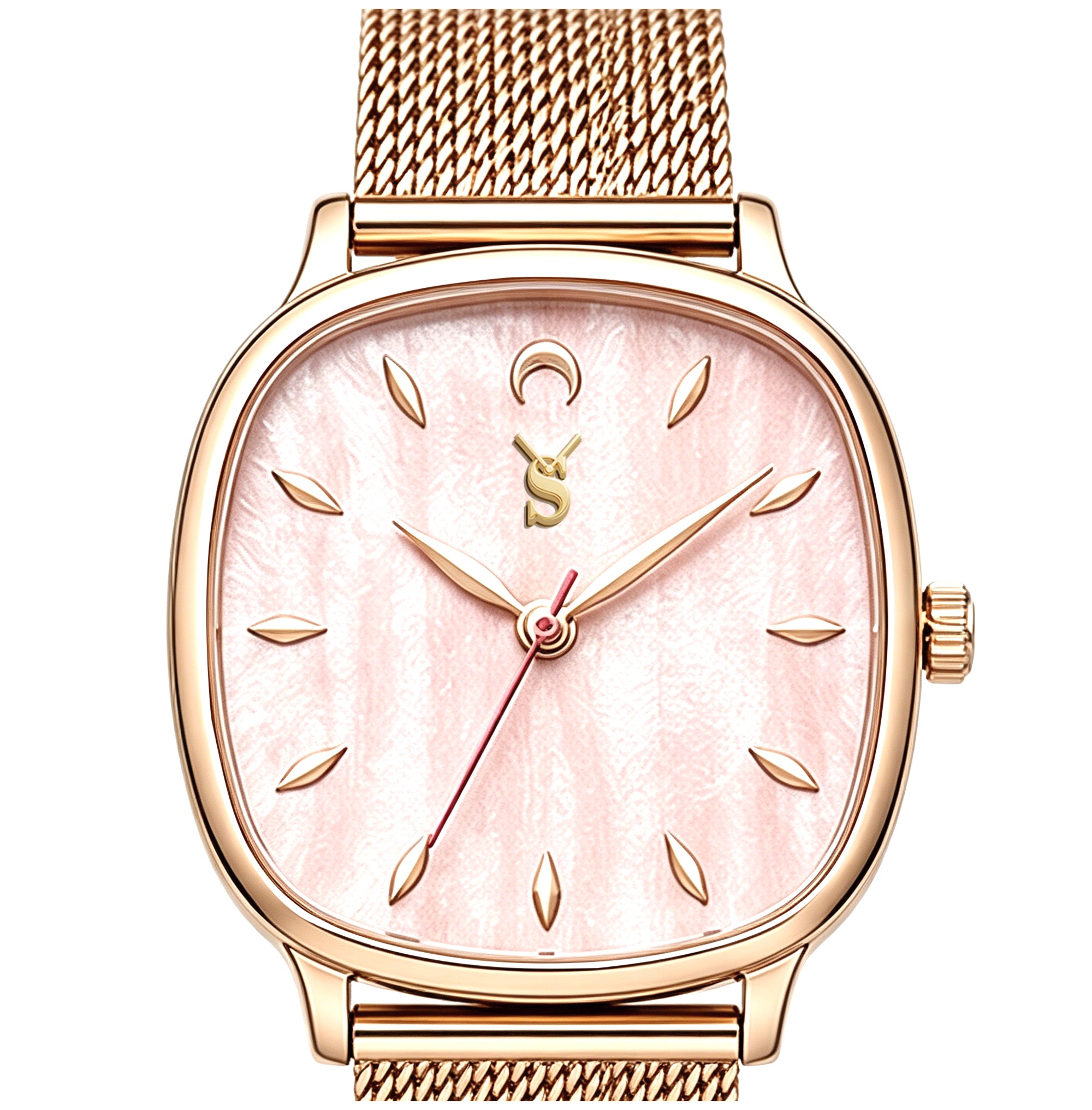 Rose gold watch with a pink face on a white background