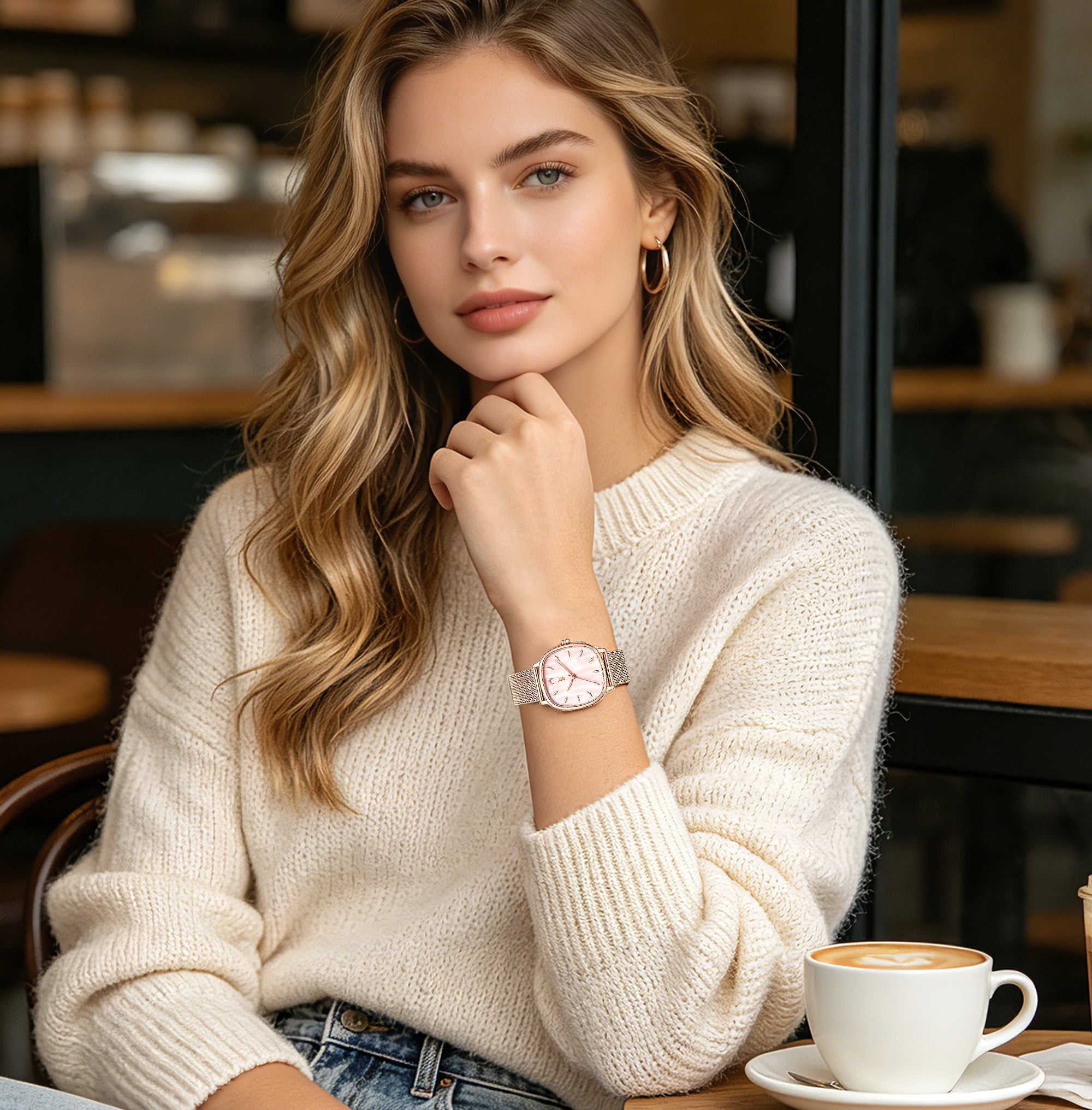 Woman in a cozy cafe setting with a cup of coffee