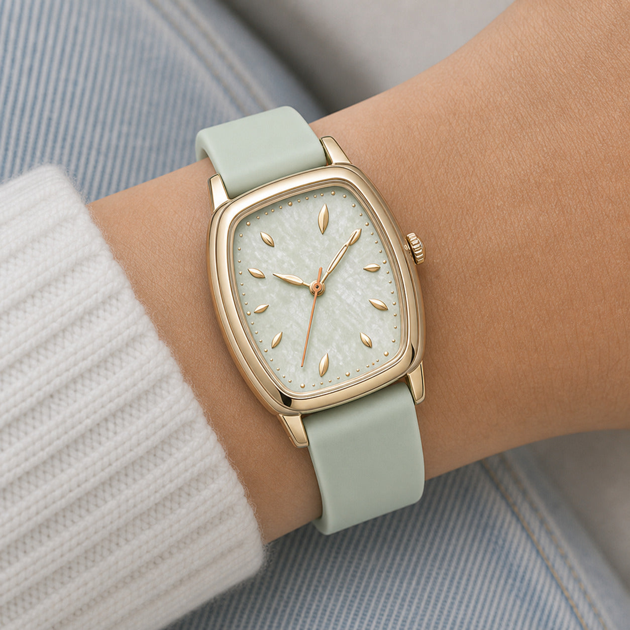 Wrist wearing a light green watch with a gold case on a neutral background