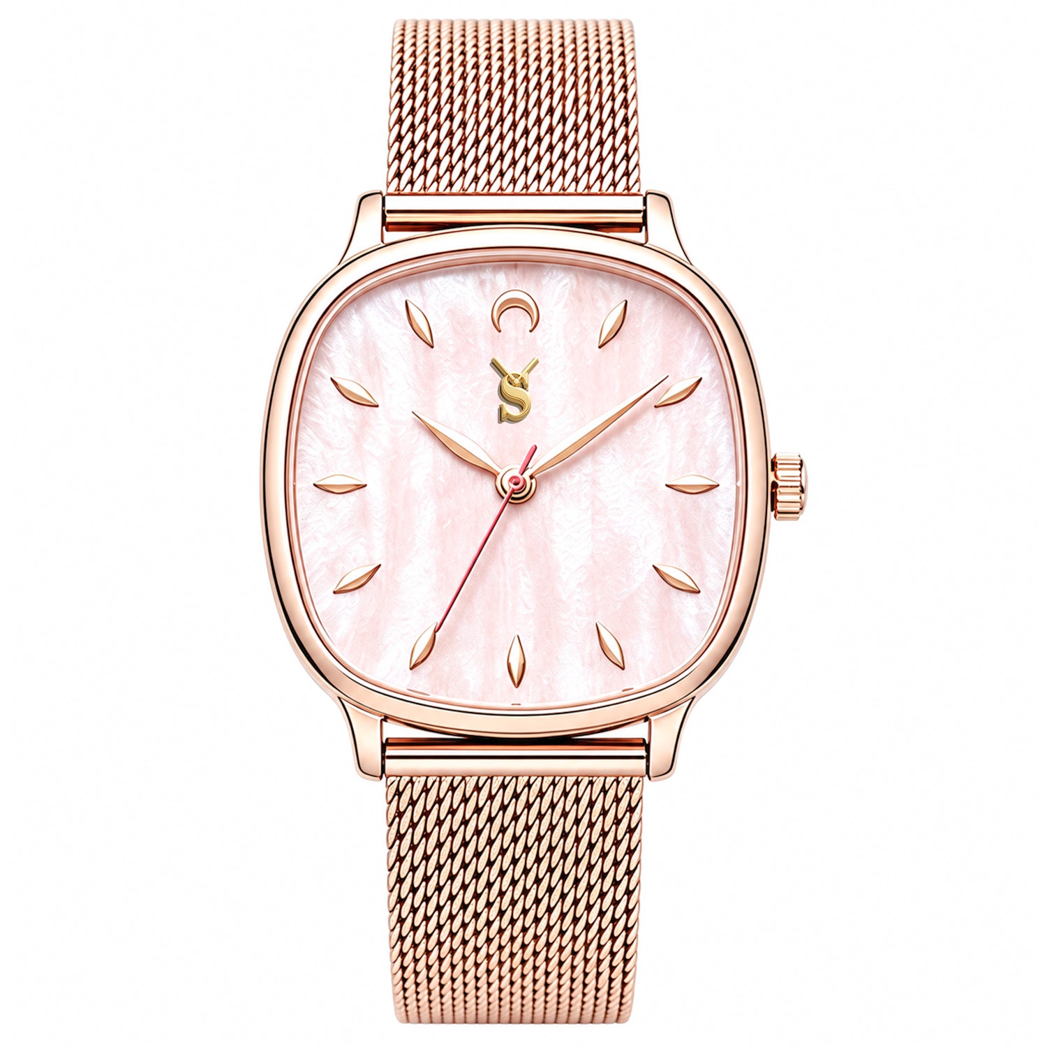 Rose gold watch with a pink face on a white background