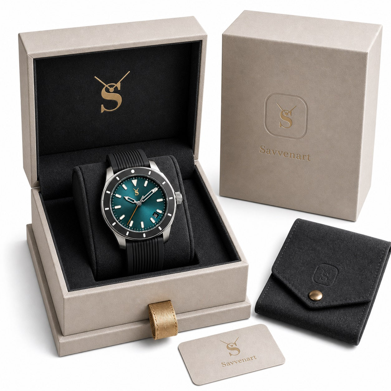 Savvenart watch with teal face and black strap in a branded box, accompanied by a matching wallet and card.