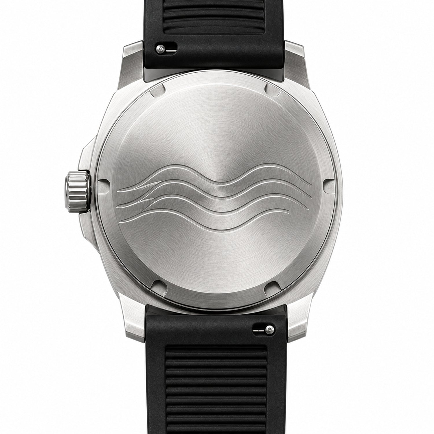 Wristwatch with black strap and silver case on a white background